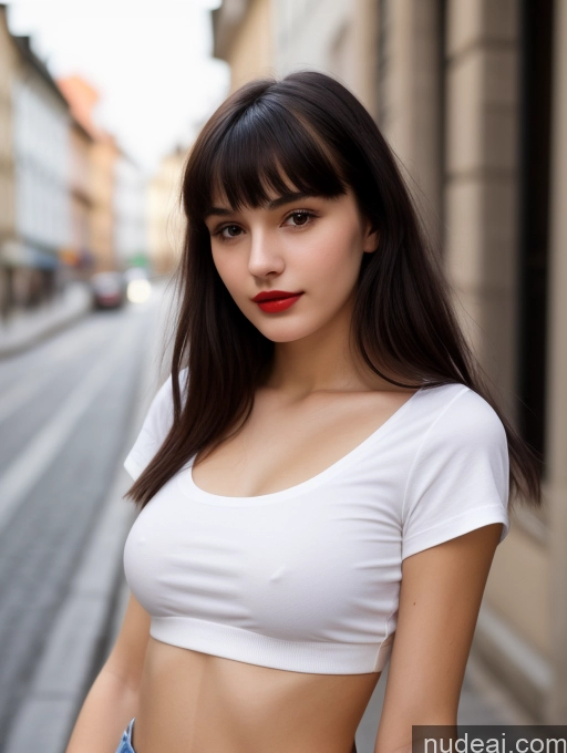 ai nude image of arafed woman in white shirt and jeans posing for a picture pics of Small Tits Beautiful Lipstick Skinny 18 Black Hair Bangs Street Close-up View Shirt Czech