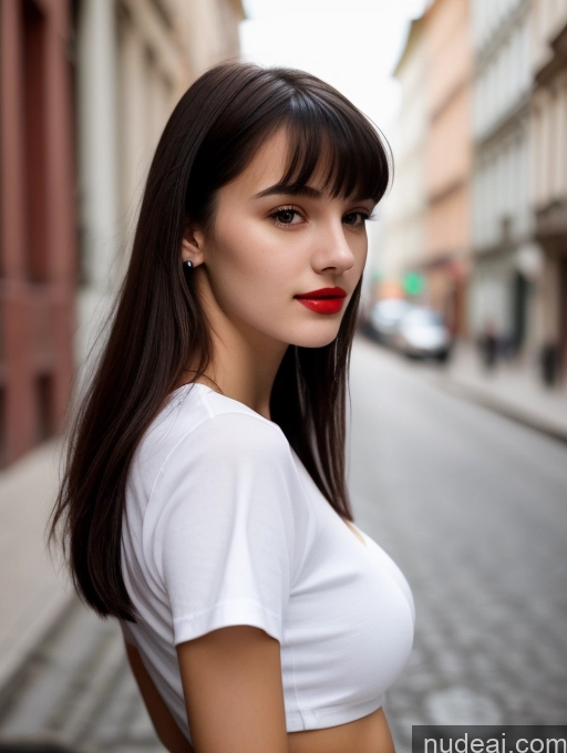 ai nude image of arafed woman with long hair and red lipstick standing on a street pics of Small Tits Beautiful Lipstick Skinny 18 Black Hair Bangs Street Close-up View Shirt Czech