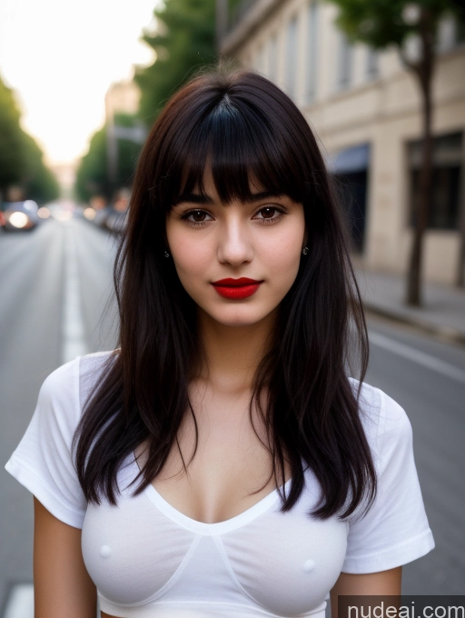 ai nude image of arafed woman with long dark hair and red lipstick standing on a street pics of Small Tits Beautiful Lipstick Skinny 18 Black Hair Bangs Street Close-up View Shirt Greek