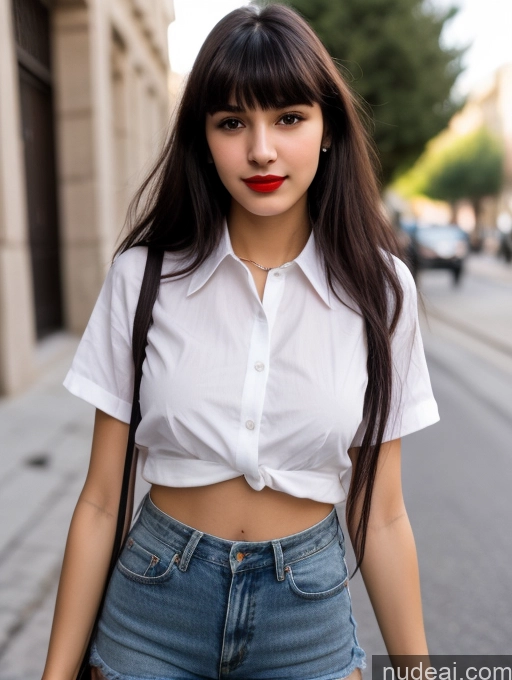 ai nude image of arafed woman with long hair and a white shirt and blue shorts pics of Small Tits Beautiful Lipstick Skinny 18 Black Hair Bangs Street Close-up View Shirt Greek