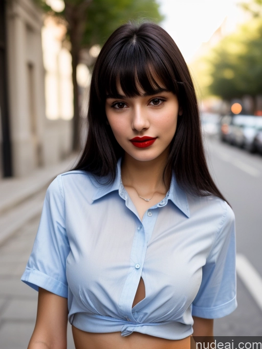 ai nude image of arafed woman with a blue shirt and red lipstick on a city street pics of Small Tits Beautiful Lipstick Skinny 18 Black Hair Bangs Street Close-up View Shirt Greek