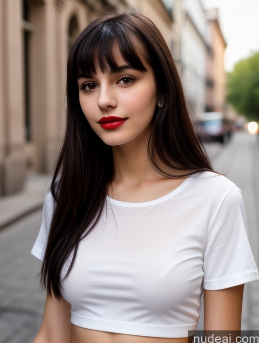 ai nude image of arafed woman with long hair and red lipstick standing on a street pics of Small Tits Beautiful Lipstick Skinny 18 Black Hair Bangs Street Close-up View Shirt Hungarian