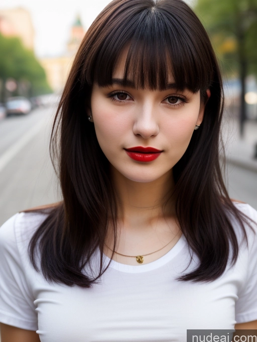 ai nude image of arafed woman with long hair and red lipstick standing on a city street pics of Small Tits Beautiful Lipstick Skinny 18 Black Hair Bangs Street Close-up View Shirt Russian