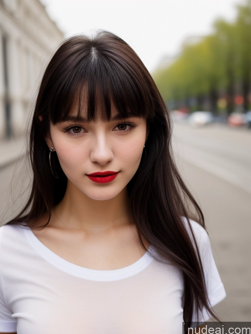 ai nude image of arafed woman with long dark hair and red lipstick standing on a street pics of Small Tits Beautiful Lipstick Skinny 18 Black Hair Bangs Street Close-up View Shirt Russian