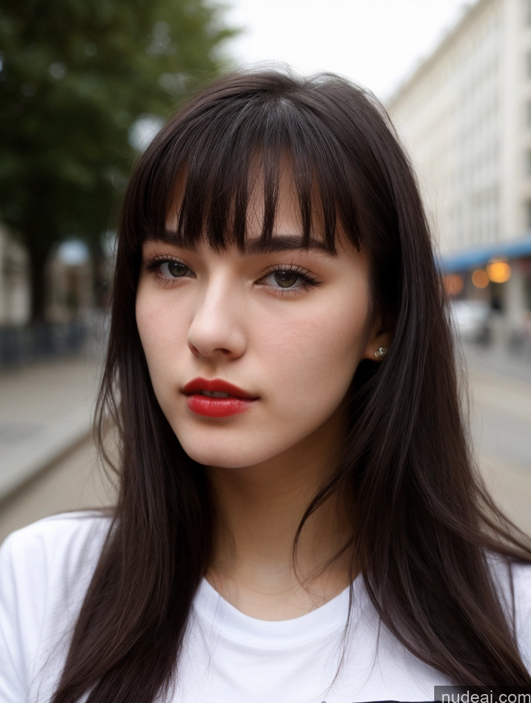 ai nude image of arafed woman with long hair and red lipstick standing on a street pics of Small Tits Beautiful Lipstick Skinny 18 Black Hair Bangs Street Close-up View Shirt Russian Sorority