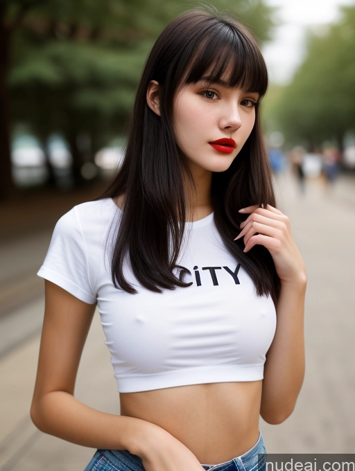 ai nude image of arafed woman with long hair wearing a white shirt and jeans pics of Small Tits Beautiful Lipstick Skinny 18 Black Hair Bangs Street Close-up View Shirt Russian Sorority