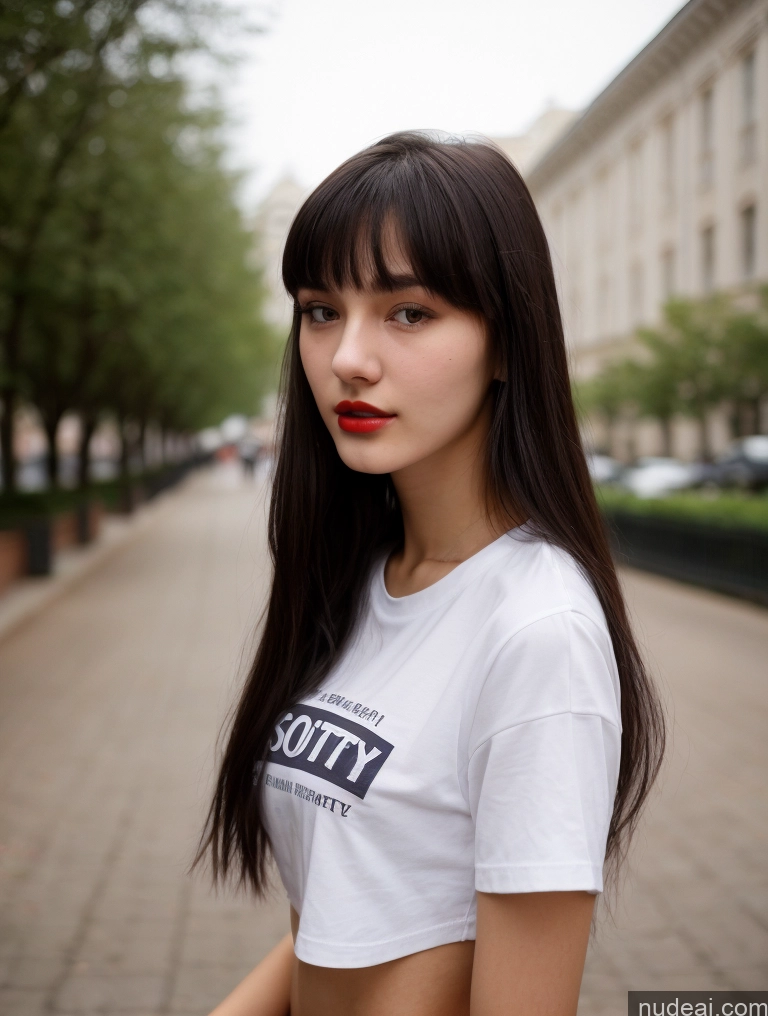 ai nude image of arafed woman with long hair wearing a white shirt and red lipstick pics of Small Tits Beautiful Lipstick Skinny 18 Black Hair Bangs Street Close-up View Shirt Russian Sorority