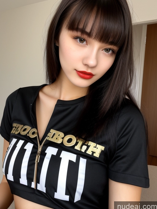 ai nude image of there is a woman with a black shirt and red lipstick pics of Small Tits Beautiful Lipstick Skinny 18 Black Hair Bangs Close-up View Shirt Russian Sorority