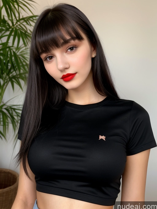 ai nude image of arafed woman with long black hair wearing a black crop top pics of Small Tits Beautiful Lipstick Skinny 18 Black Hair Close-up View Shirt Russian Model Bangs