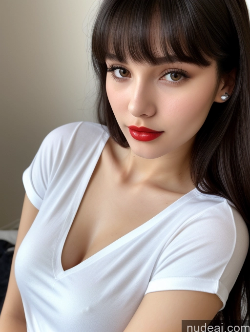 ai nude image of arafed woman with long dark hair and red lipstick posing for a picture pics of Small Tits Beautiful Lipstick Skinny 18 Black Hair Bangs Russian Close-up View Shirt Model