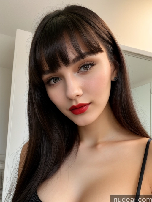 ai nude image of arafed woman with long dark hair and red lipstick posing for a picture pics of Small Tits Beautiful Lipstick Skinny 18 Black Hair Bangs Russian Close-up View Shirt Model