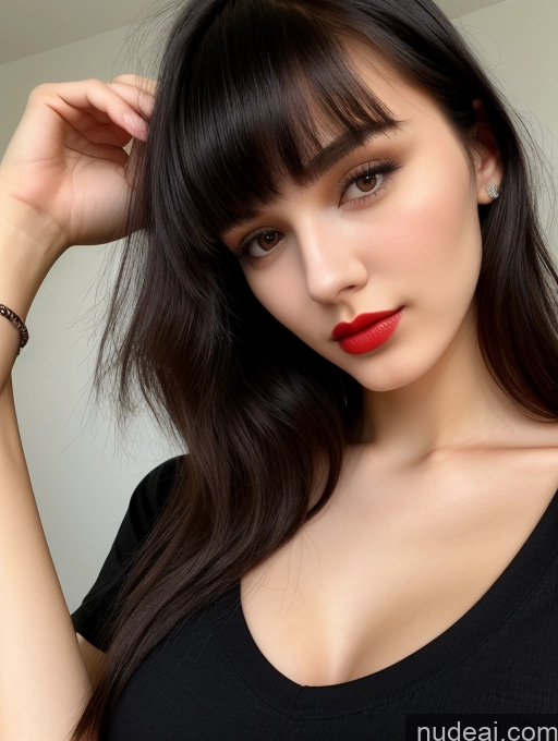 ai nude image of arafed woman with long dark hair and red lipstick posing for a picture pics of Small Tits Beautiful Lipstick Skinny 18 Black Hair Bangs Russian Close-up View Shirt Model