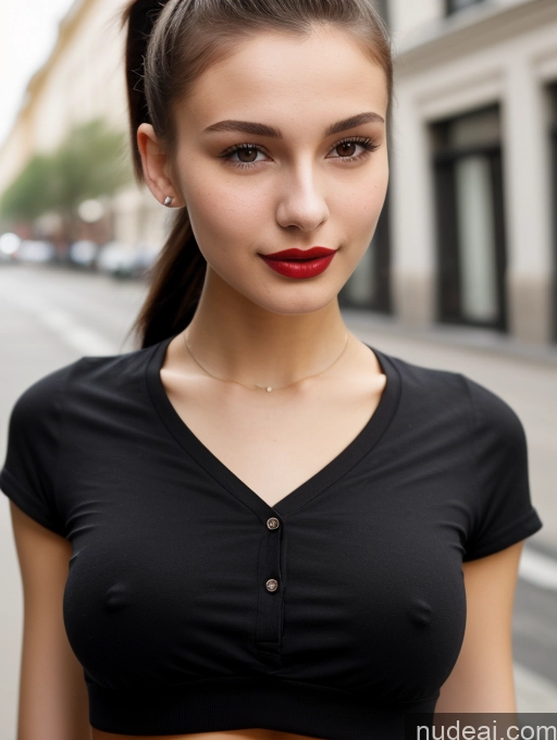 ai nude image of arafed woman with a black top and red lipstick on a city street pics of Small Tits Beautiful Lipstick Skinny 18 Black Hair Russian Close-up View Shirt Model Street Ponytail