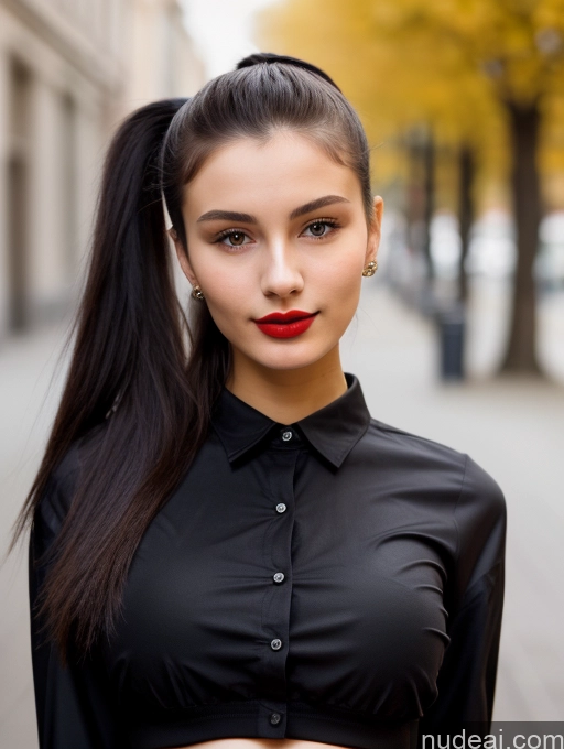 ai nude image of arafed woman with long hair and a black shirt on a city street pics of Small Tits Beautiful Lipstick Skinny 18 Black Hair Russian Close-up View Shirt Model Street Ponytail