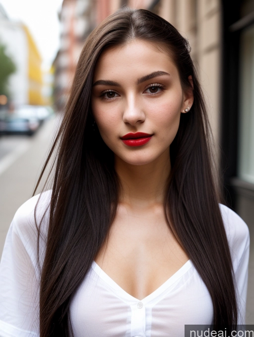 ai nude image of arafed woman with long dark hair and red lipstick on a city street pics of Small Tits Beautiful Lipstick Skinny 18 Black Hair Russian Close-up View Shirt Model Street Ponytail