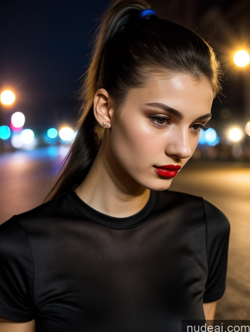 ai nude image of arafed woman with red lipstick and black top standing on street at night pics of Small Tits Beautiful Lipstick Skinny 18 Black Hair Russian Close-up View Shirt Model Street Ponytail Dark Lighting