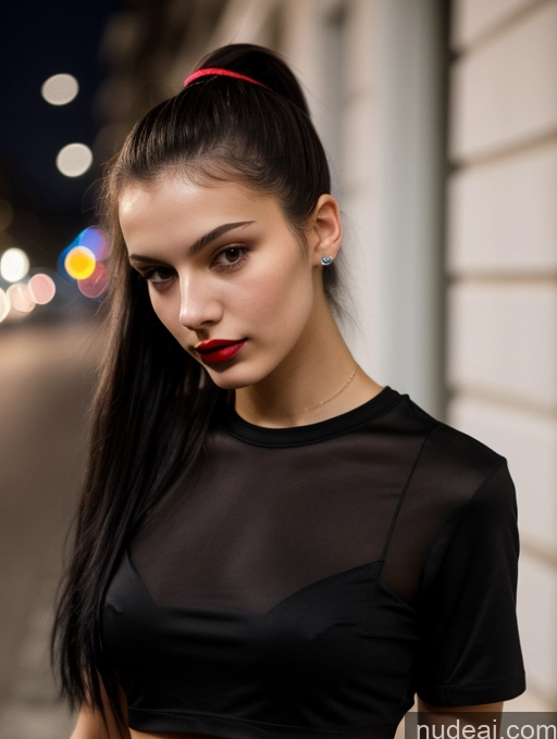 ai nude image of arafed woman with a red bow in her hair and a black top pics of Small Tits Beautiful Lipstick Skinny 18 Black Hair Russian Close-up View Shirt Model Street Ponytail Dark Lighting