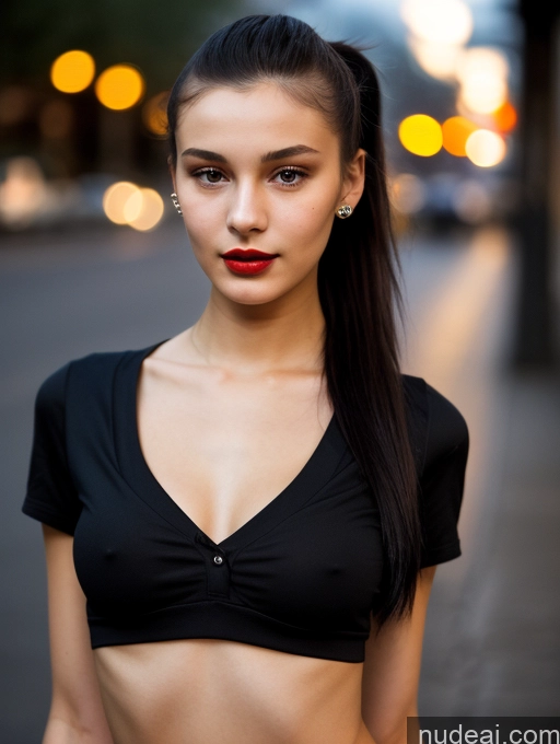 ai nude image of arafed woman with a black top and red lipstick posing for a picture pics of Small Tits Beautiful Lipstick Skinny 18 Black Hair Russian Close-up View Shirt Model Street Ponytail Dark Lighting