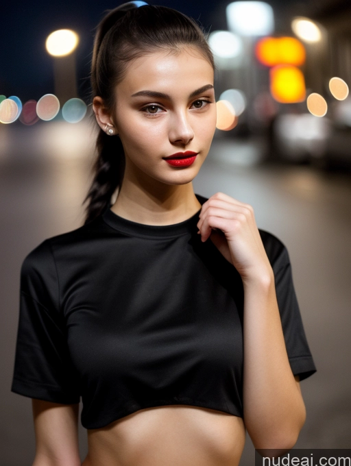 ai nude image of arafed woman with a black top and red lipstick posing for a picture pics of Small Tits Beautiful Lipstick Skinny 18 Black Hair Russian Close-up View Shirt Model Street Ponytail Dark Lighting