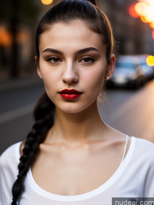 ai nude image of arafed woman with a red lipstick and braided hair standing on a street pics of Small Tits Beautiful Lipstick Skinny 18 Black Hair Russian Close-up View Shirt Model Street Ponytail Dark Lighting