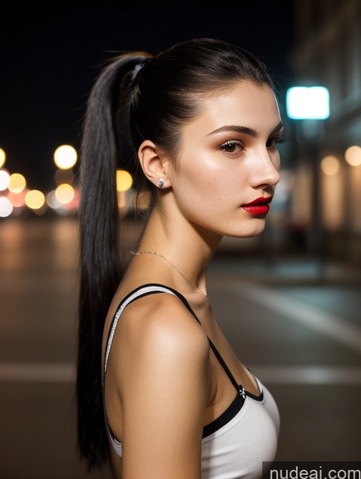 ai nude image of arafed woman with a ponytail and red lipstick standing in the street pics of Small Tits Beautiful Lipstick Skinny 18 Black Hair Russian Close-up View Shirt Model Street Ponytail Dark Lighting