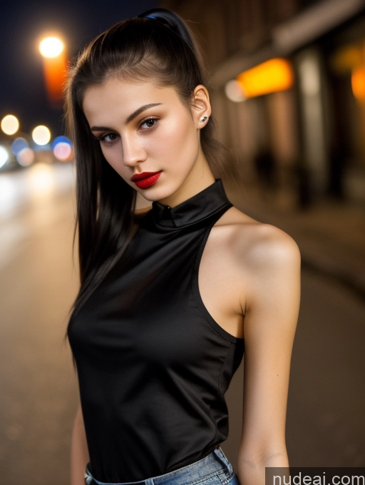 ai nude image of arafed woman with long hair and a black top standing on a street pics of Small Tits Beautiful Lipstick Skinny 18 Black Hair Russian Close-up View Shirt Model Street Ponytail Dark Lighting