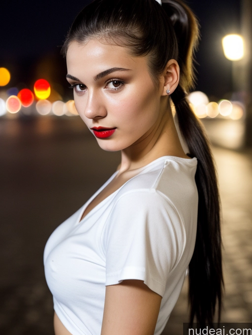 ai nude image of arafed woman with a ponytail in a white shirt and red lipstick pics of Small Tits Beautiful Lipstick Skinny 18 Black Hair Russian Close-up View Shirt Model Street Ponytail Dark Lighting