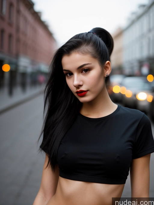 ai nude image of arafed woman with a black top and red lipstick on a city street pics of Small Tits Beautiful Lipstick Skinny 18 Black Hair Russian Close-up View Shirt Model Street Ponytail Dark Lighting