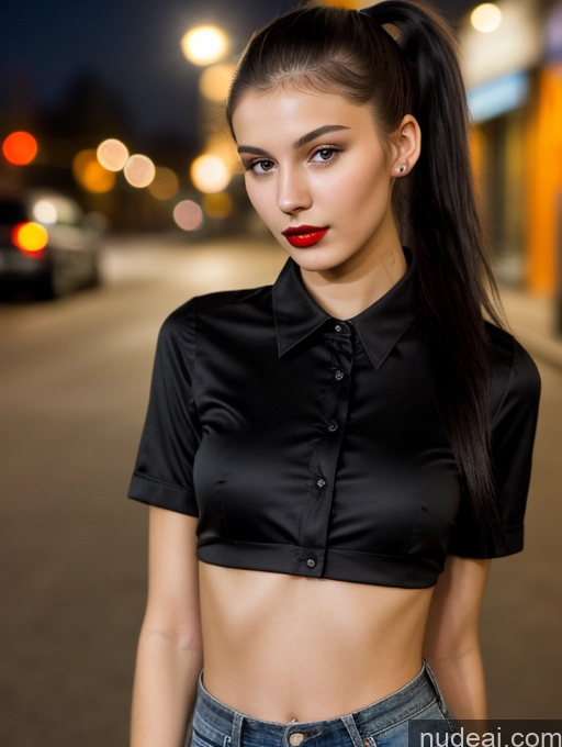 ai nude image of arafed woman with long hair and a black shirt on a city street pics of Small Tits Beautiful Lipstick Skinny 18 Black Hair Russian Close-up View Shirt Model Street Ponytail Dark Lighting