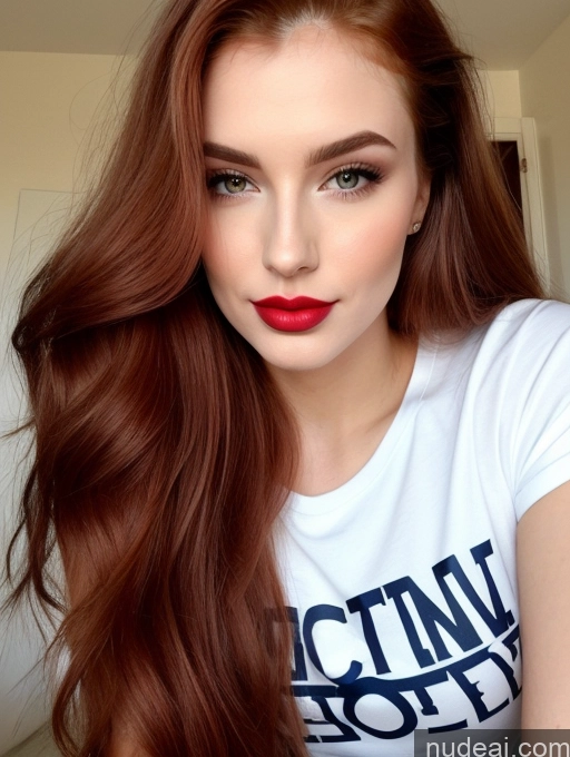 ai nude image of arafed woman with red lipstick and white shirt posing for a picture pics of Shirt Sorority Small Tits Beautiful Lipstick Small Ass Skinny Perfect Body Fairer Skin 20s Happy Pouting Lips Sexy Face Ginger Long Hair