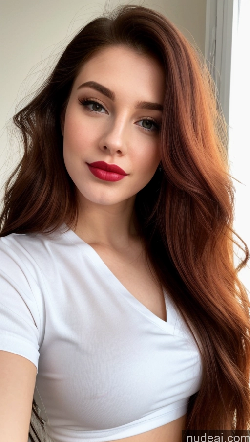 ai nude image of a close up of a woman with long red hair wearing a white shirt pics of Shirt Sorority Small Tits Beautiful Lipstick Small Ass Skinny Perfect Body Fairer Skin 20s Happy Pouting Lips Sexy Face Ginger Long Hair