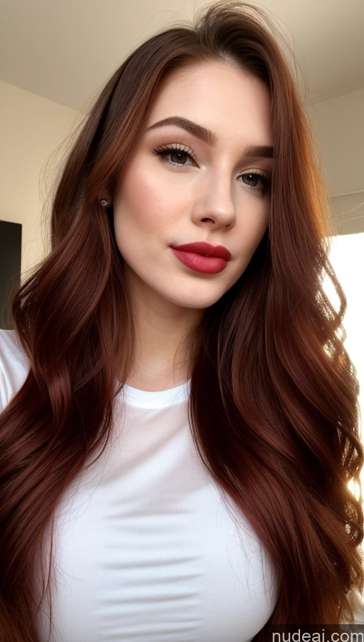 ai nude image of a close up of a woman with long red hair and a white shirt pics of Shirt Sorority Small Tits Beautiful Lipstick Small Ass Skinny Perfect Body Fairer Skin 20s Happy Pouting Lips Sexy Face Ginger Long Hair