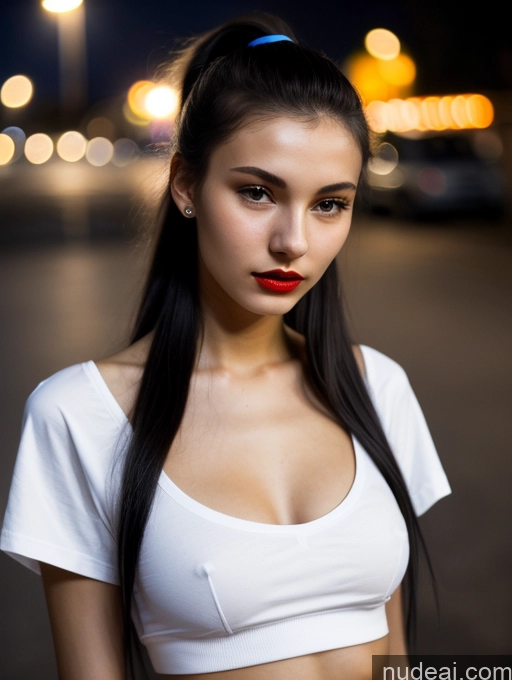 ai nude image of arafed woman with long black hair and red lipstick posing for a picture pics of Small Tits Beautiful Lipstick Skinny 18 Black Hair Russian Close-up View Shirt Model Street Ponytail Dark Lighting