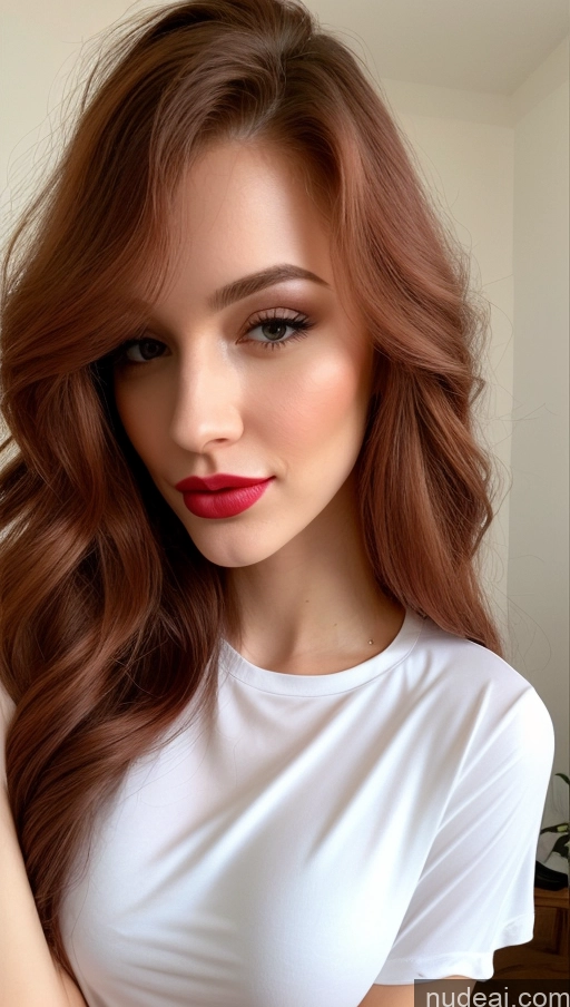 ai nude image of arafed woman with long red hair and a white shirt pics of Shirt Sorority Small Tits Beautiful Lipstick Small Ass Skinny Perfect Body Fairer Skin 20s Happy Pouting Lips Sexy Face Ginger Long Hair