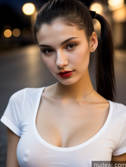 ai nude image of arafed woman with a ponytail and red lipstick posing for a picture pics of Small Tits Beautiful Lipstick Skinny 18 Black Hair Russian Close-up View Shirt Model Street Ponytail Dark Lighting