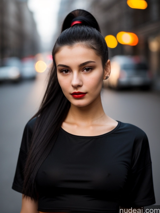 ai nude image of arafed woman with long black hair and a red bow in her hair pics of Small Tits Beautiful Lipstick Skinny 18 Black Hair Russian Close-up View Shirt Model Street Ponytail Dark Lighting