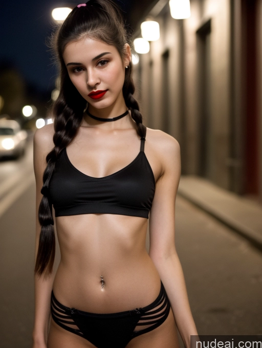 ai nude image of arafed woman in a black bikini and red lipstick standing in a street pics of Small Tits Beautiful Lipstick Skinny 18 Black Hair Russian Close-up View Model Dark Lighting Pigtails Crop Top Street