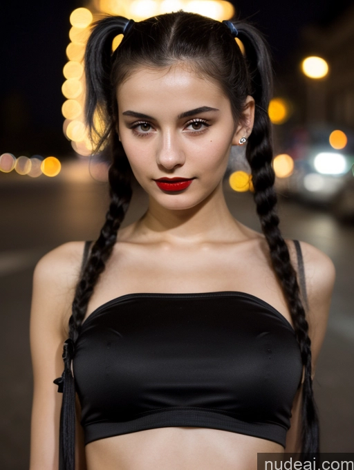 ai nude image of arafed woman with long black hair and red lipstick posing for a picture pics of Small Tits Beautiful Lipstick Skinny 18 Black Hair Russian Close-up View Model Dark Lighting Pigtails Crop Top Street