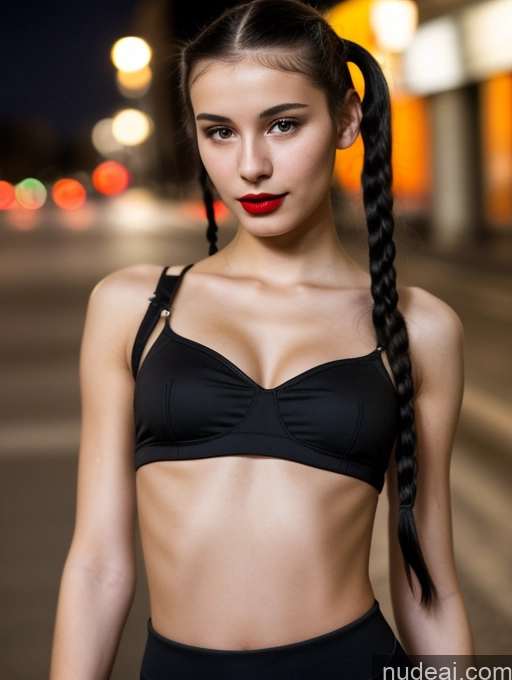 ai nude image of arafed woman with long black hair and a black bra top pics of Small Tits Beautiful Lipstick Skinny 18 Black Hair Russian Close-up View Model Dark Lighting Pigtails Crop Top Street