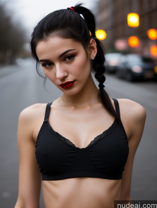 ai nude image of arafed woman in a black bra top standing on a street pics of Small Tits Beautiful Lipstick Skinny 18 Black Hair Russian Close-up View Model Dark Lighting Pigtails Crop Top Street