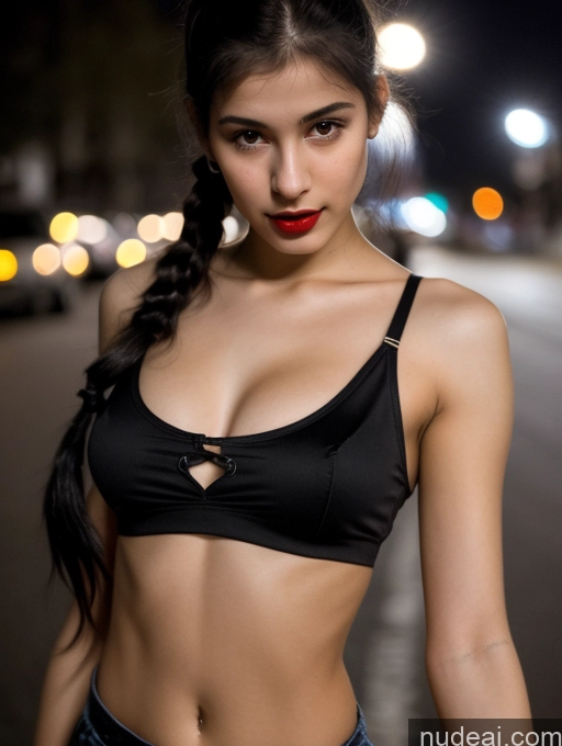 ai nude image of arafed woman with a black bra top and red lipstick pics of Small Tits Beautiful Lipstick Skinny 18 Black Hair Russian Close-up View Model Dark Lighting Pigtails Crop Top Street