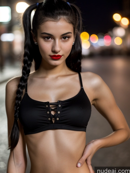 ai nude image of arafed woman in a black top and red lipstick posing for a picture pics of Small Tits Beautiful Lipstick Skinny 18 Black Hair Russian Close-up View Model Dark Lighting Pigtails Crop Top Street