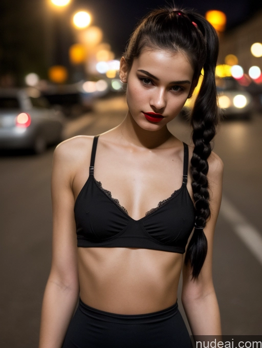 ai nude image of arafed woman with long hair in a black bra top and black shorts pics of Small Tits Beautiful Lipstick Skinny 18 Black Hair Russian Close-up View Model Dark Lighting Pigtails Crop Top Street