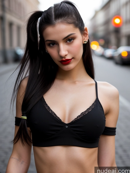 ai nude image of arafed woman in a black bra top and black pants on a city street pics of Small Tits Beautiful Lipstick Skinny 18 Black Hair Russian Close-up View Model Dark Lighting Pigtails Crop Top Street