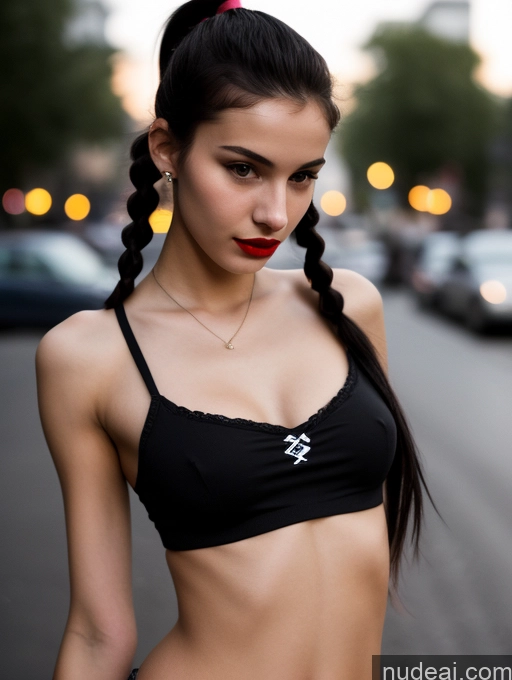 ai nude image of arafed woman with a black bra top and red lipstick pics of Small Tits Beautiful Lipstick Skinny 18 Black Hair Russian Close-up View Model Dark Lighting Pigtails Crop Top Street