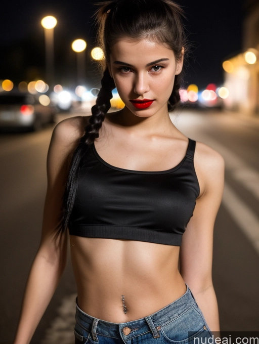 ai nude image of arafed woman with a black top and blue jeans standing on a street pics of Small Tits Beautiful Lipstick Skinny 18 Black Hair Russian Close-up View Model Dark Lighting Pigtails Crop Top Street