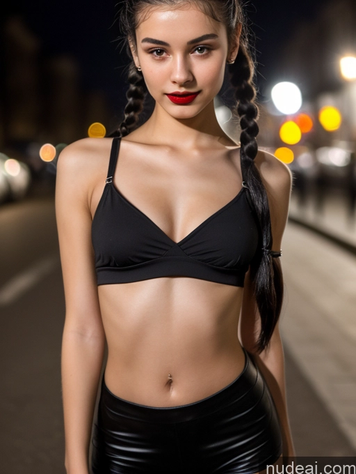 ai nude image of arafed woman in black top and black shorts posing for a picture pics of Small Tits Beautiful Lipstick Skinny 18 Black Hair Russian Close-up View Model Dark Lighting Pigtails Crop Top Street