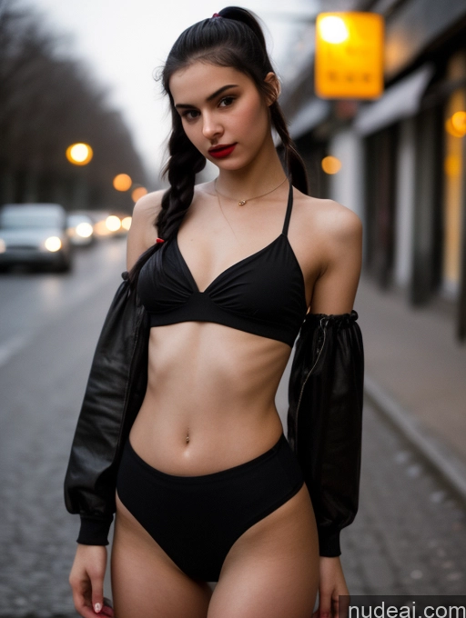 ai nude image of arafed woman in a black bikini and leather jacket on a city street pics of Small Tits Beautiful Lipstick Skinny 18 Black Hair Russian Close-up View Model Dark Lighting Pigtails Crop Top Street