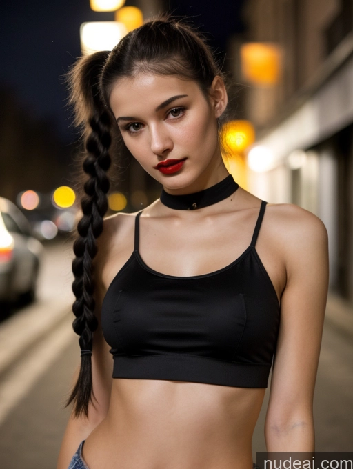 ai nude image of arafed woman with long hair and a black top standing on a street pics of Small Tits Beautiful Lipstick Skinny 18 Black Hair Russian Close-up View Model Dark Lighting Pigtails Crop Top Street