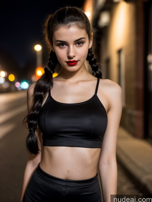 ai nude image of arafed woman in black top and black shorts standing on street pics of Small Tits Beautiful Lipstick Skinny 18 Black Hair Russian Close-up View Model Dark Lighting Pigtails Crop Top Street